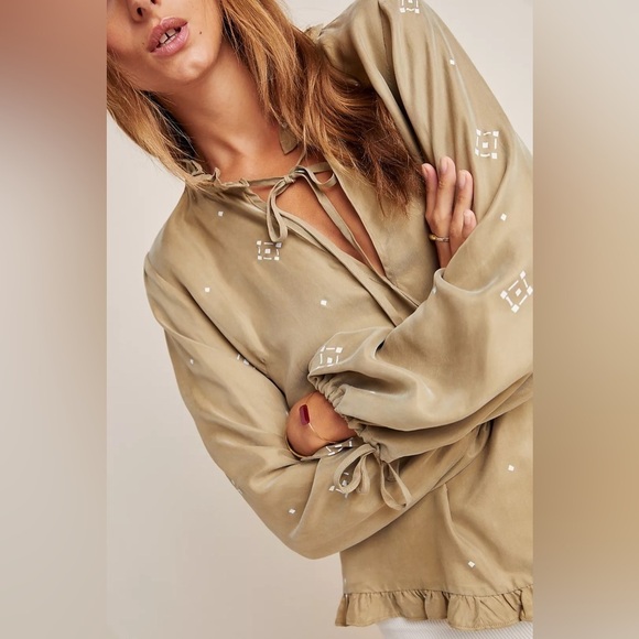 ANTHROPOLOGIE Sancia Yoelette 70s Boho Balloon Tie Sleeves Peasant Blouse Top - Picture 2 of 8